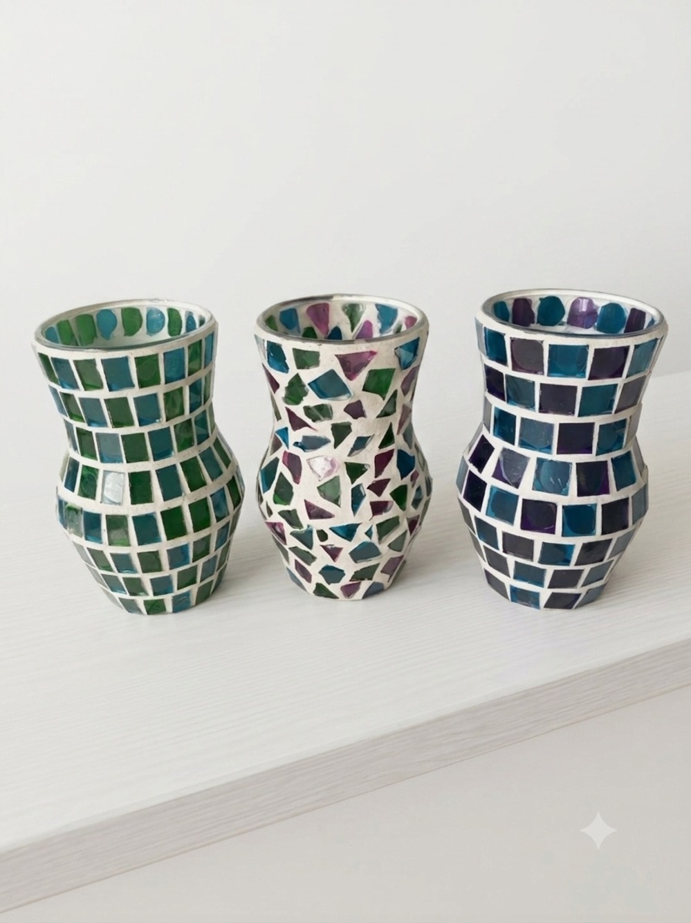 Mosaic Glass Vases - Set of 3 Green/Blue, Pink/Green/Blue & Purple/Blue
